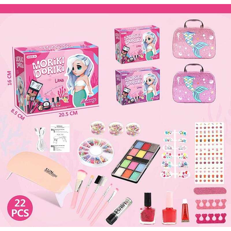 Набір косметики 40013 (60/2) 22 аксесуари, лаки, наліпки, тіні, розділювачі для пальців, UV/LED лампа SUNmini 6W, косметичка, 2 види, в коробці