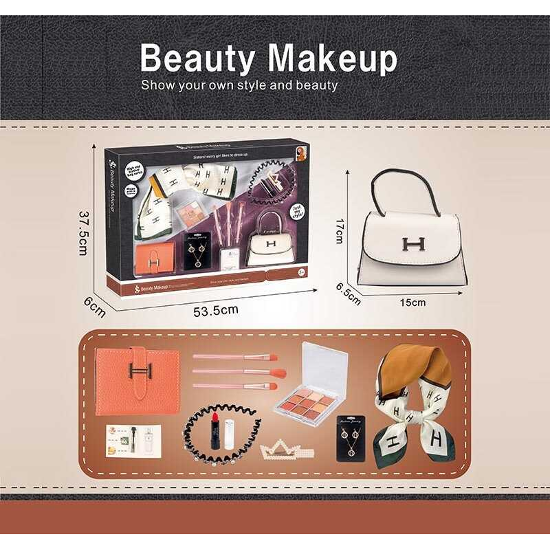 Набір косметики S 5 (24) губна помада, тіні для повік, пензлики для макіяжу, прикраси, шарф, шпилька та обруч для волосся,  гаманець, пробник парфумів, сумочка, в коробці