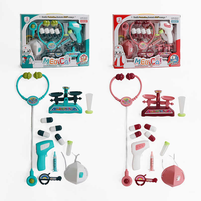 Набір лікаря 392-9 (48/2) 2 кольори, 10 ігрових елементів, стетоскоп, ваги, маска, пігулки, в коробці