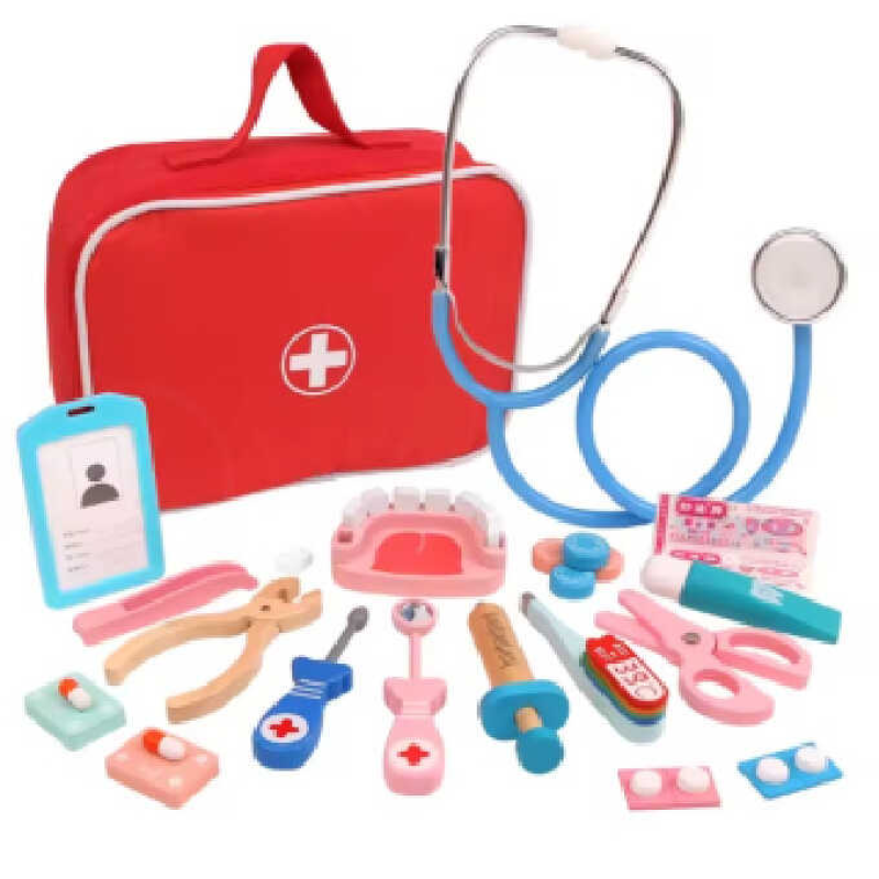Набір лікаря C 73287 (50) Набір лікаря C 73287 (50) дерев’яний, стетоскоп, 2 щипців, зубна щелепа, зубна паста, шприц, термометр, ножиці, пігулки, медичне дзеркало, долото,  пластирі, бейдж, магнітні елементи, в сумці