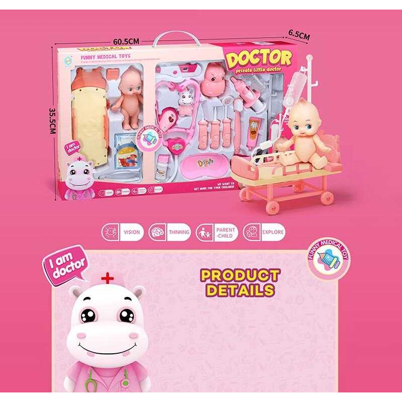 Набір лікаря HZ 697 (24/2) підсвічування, звуки, інструменти, пупс, каталка, фігурки тварин, в коробці