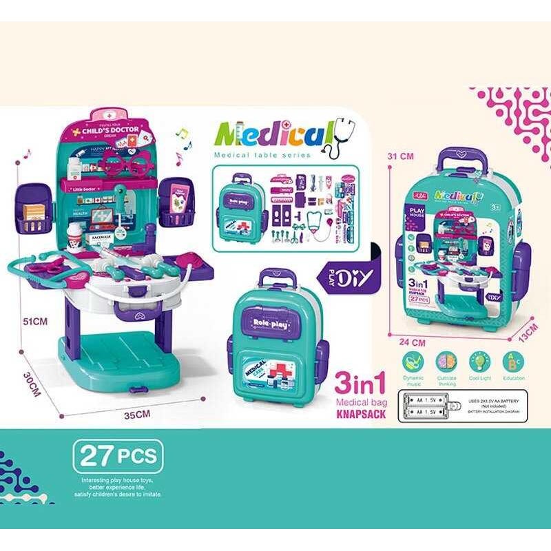 Набір лікаря T 2158-1 (24/2) медичний столик, озвуч. англійською мовою, набір інструментів, стетоскоп, термометр, шприц, ножиці, на батарейках, підсвітка, музика, пісні, у валізі