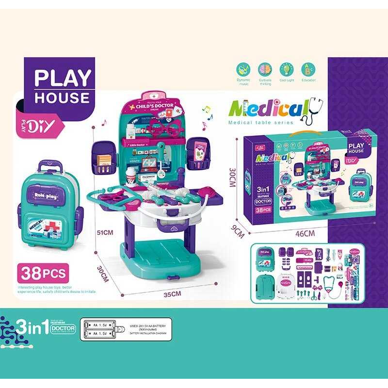 Набір лікаря T 2158-3 (24/2) медичний столик, озвуч. англійською мовою, набір інструментів, стетоскоп, термометр, шприц, ножиці, на батарейках, підсвітка, музика, пісні, в коробці