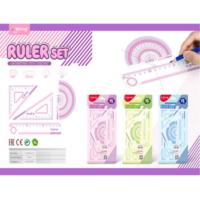 Набір лінійок C 72720 (288) ЦІНА ЗА 1 ШТУКУ, транспортир, лінійка на 15 см, 2 косинці, в пакеті