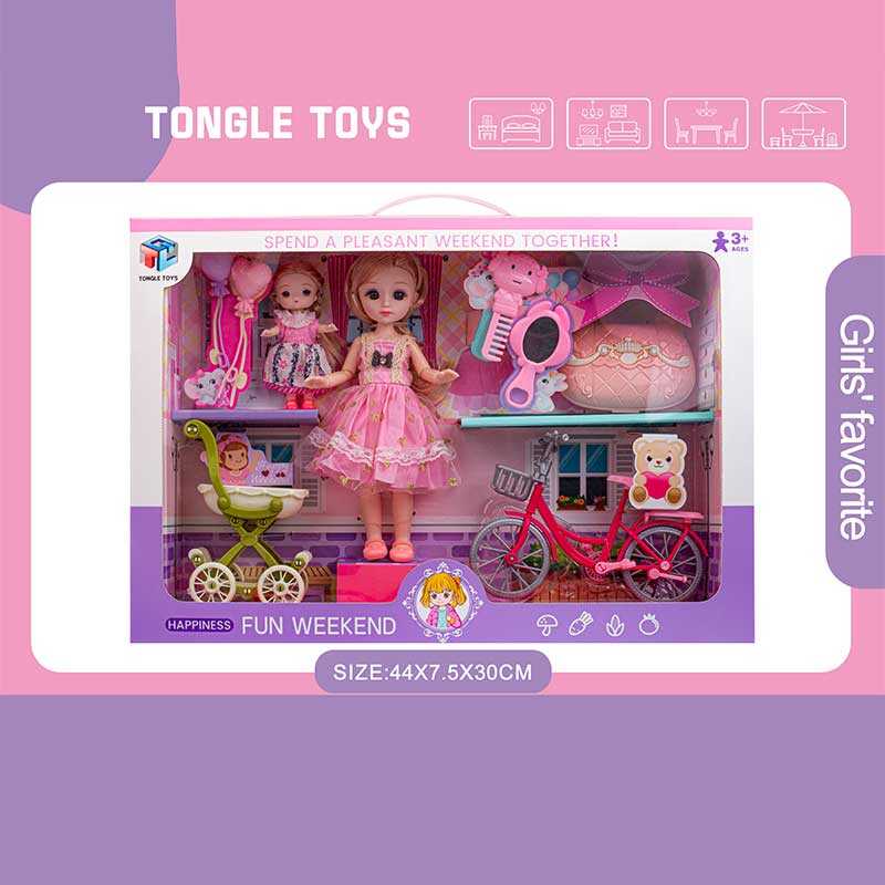 Набір ляльок 6688-28 (30) 2 ляльки, висота: 22 см та 10 см, імітація скляних очей, шарнірні суглоби, аксесуари, візочок, велосипед, в коробці