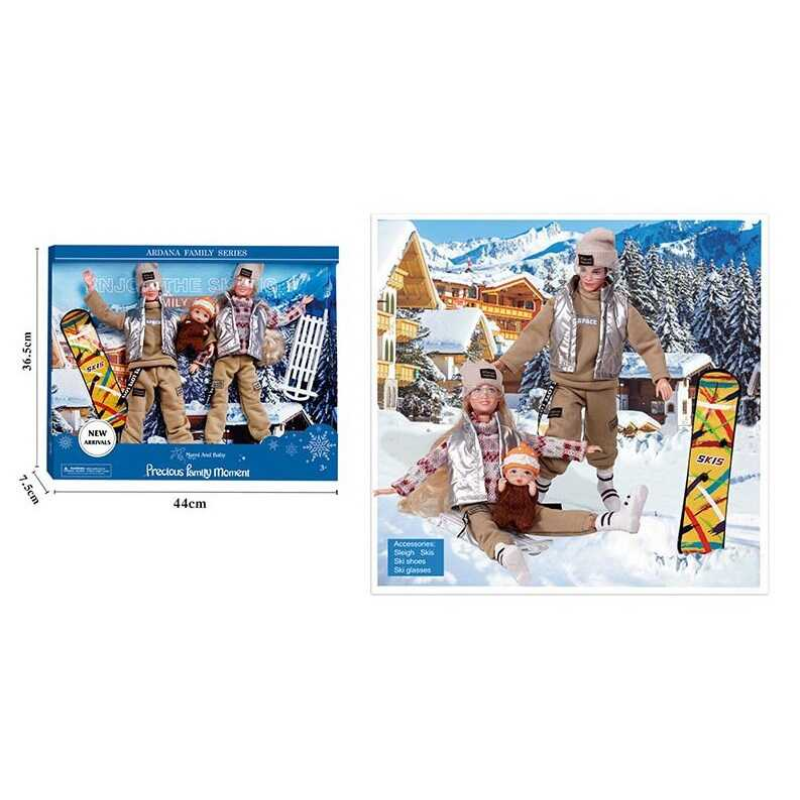 Набір ляльок A 807 A (24/2) “Спортивна сім“я“, 3 ляльки, висота 30см, сноуборд, сани, окуляри, знімний одяг та взуття, в коробці