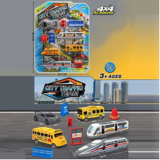 Набір машин 24616 (84/2) 2 потяги, 2 автобуси, спорткар, знаки, на листі