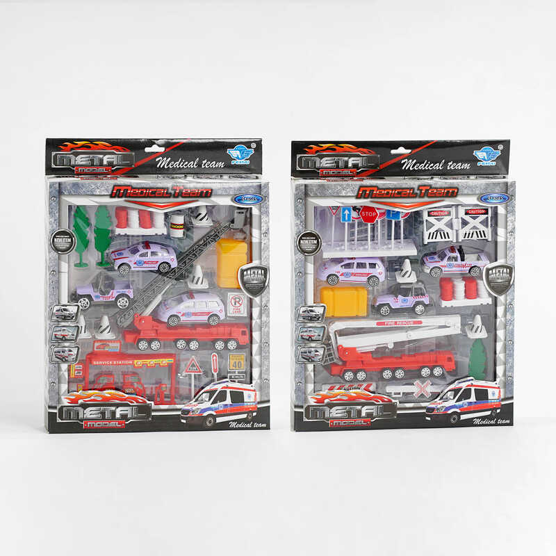 Набір машин JP 9203 (60/2) 2 види, медичні авто, підйомник, дорожні знаки, огорожа, в коробці
