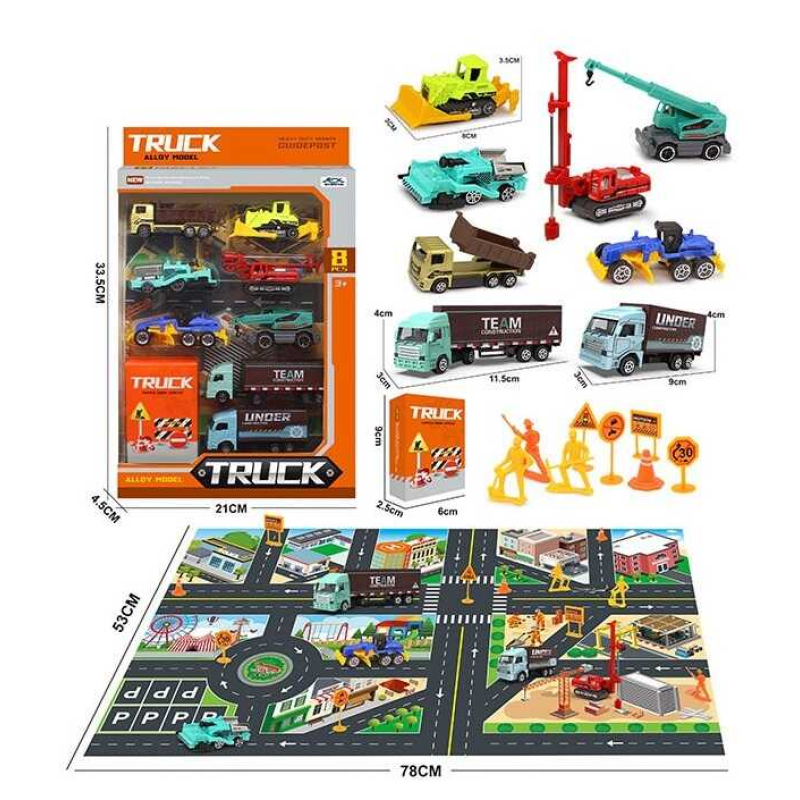 Набір машин KX 09-8 (72/2) металопластик, 8 шт., будівельна техніка, декорації, карта з вулицями, у коробці