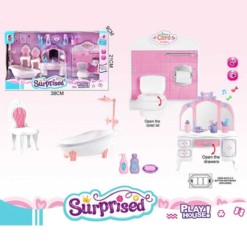 Набір меблів 5 S 631 (36/2) “Ванна кімната“, трюмо має підсвічування, мелодія, кришка унітаза підіймається, ванна, 2 стільчики, в коробці