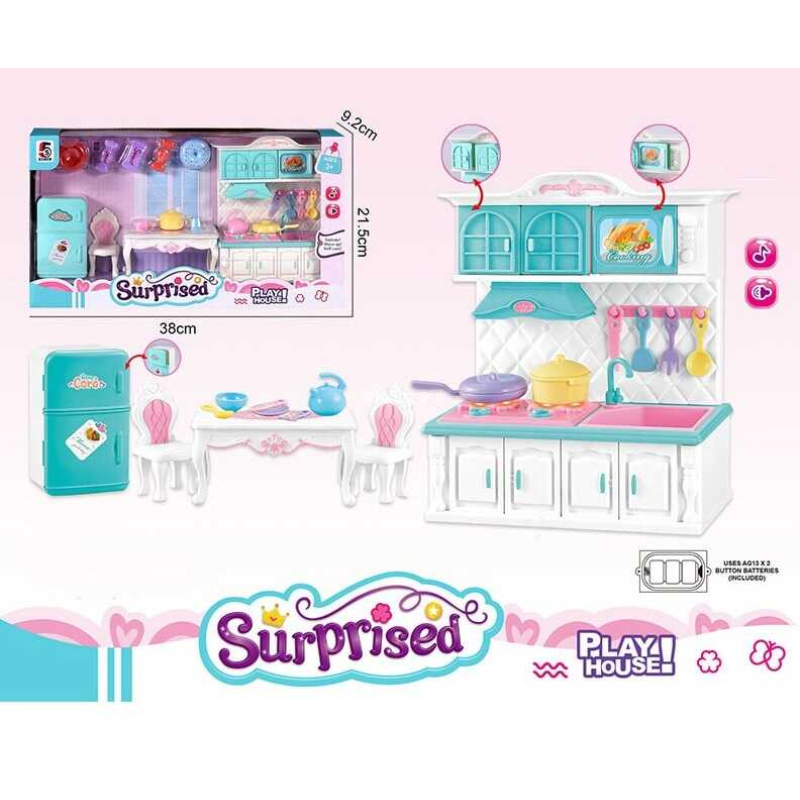 Набір меблів 5 S 632 (36/2) “Кухня“, підсвічування плити, звуки приготування, раковина, холодильник, витяжка, сковорідка, солодощі, стіл, в коробці