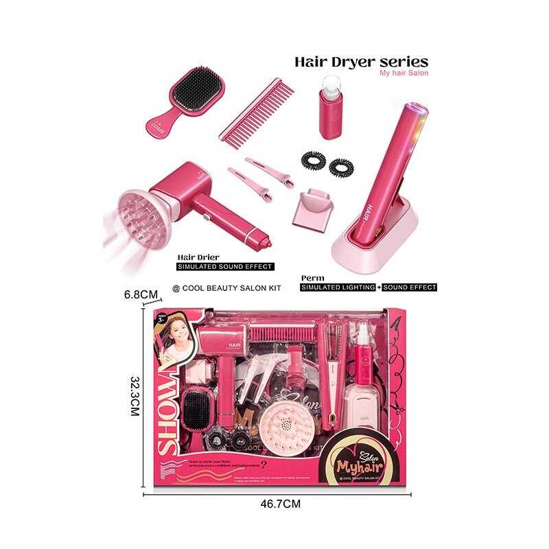 Набір перукаря 2801-3 (24/2) стайлер та фен на батарейках, звук, підсвітка, гребінець, щітка, затискачі для волосся, флакончик, резиночки, в коробці