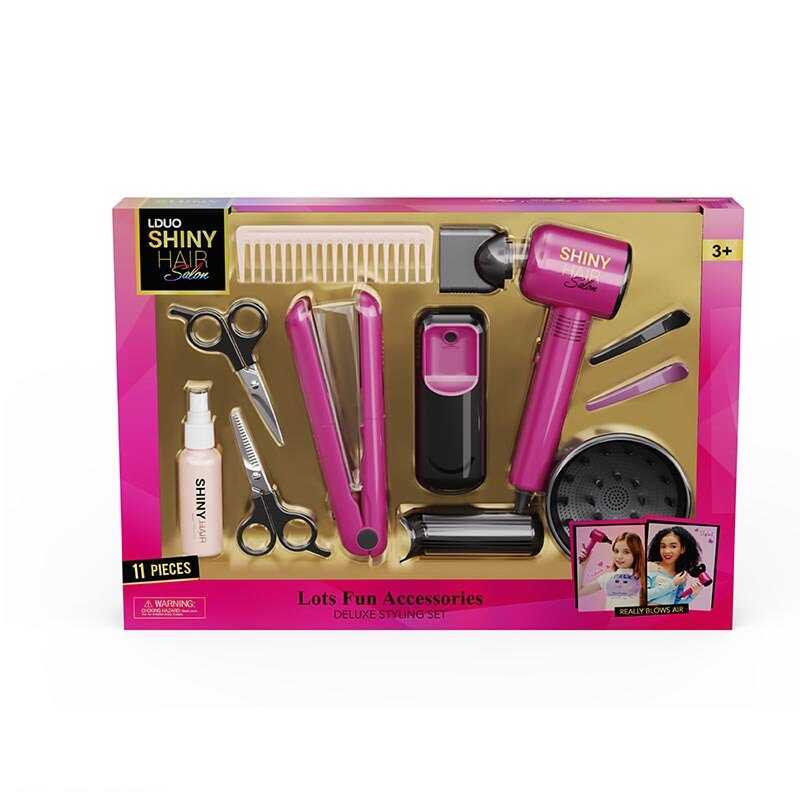Набір перукаря 626022 (18) 11 елементів, звук, підсвічування, функціональний фен, стайлер, насадка, ножиці, заколки, в коробці
