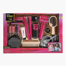 Набір перукаря 626025 (18) 16 аксесуарів, світло, звук, стайлер, фен видуває повітря, 2 насадки, 2 бігуді, 2 заколки, гребінець, люстерко, у коробці