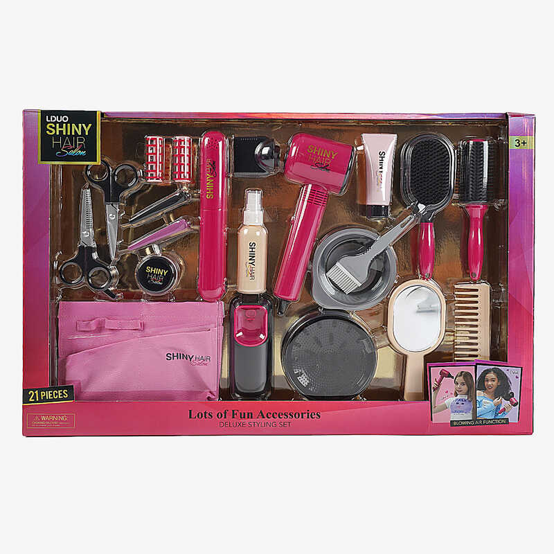 Набір перукаря 626032 (12) 21 аксесуар, світло, звук, стайлер, фен видуває повітря, бігуді, заколки, щітки, гребінець, люстерко, у коробці