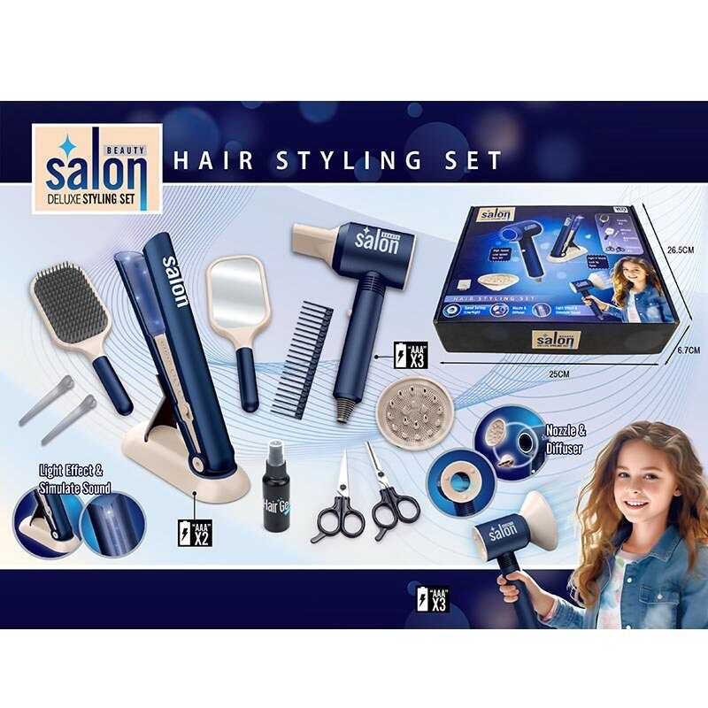 Набір перукаря YLQ 112 (28)  на батарейках, звук, підсвітка, фен, стайлер, підставка, баночка для спрею, дзеркало, ножиці, щітка та гребінець для волосся, зажими, в коробці