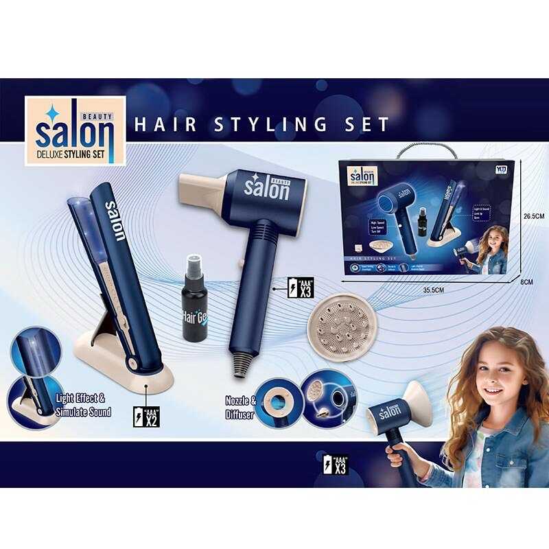 Набір перукаря YLQ 113 (12) на батарейках, звук, підсвітка, фен, стайлер, підставка, баночка для спрею, в коробці