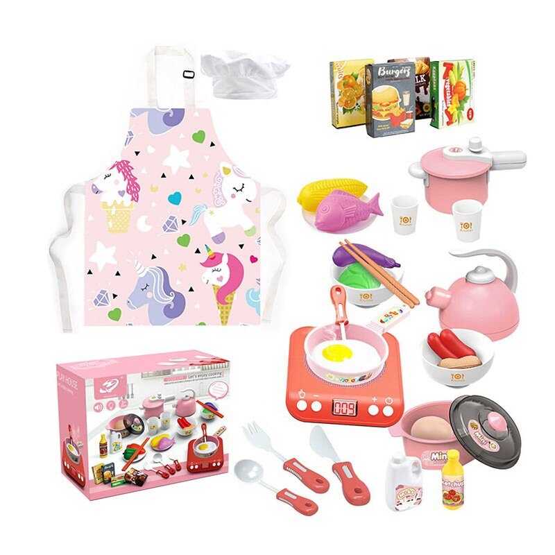 Набір посуду 168-97 (36) імітація електричної плити, таймер, підсвічування, звукові ефекти, фрази англ. мовою, кухарський ковпак, фартух, чайник, посуд, столове приладдя, муляжі харчових продуктів, наліпки, в коробці