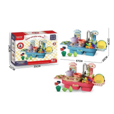 Набір посуду 33029 B (36/2) 2 кольори, кран на батарейках, плита, набір овочів та фруктів, посуд, коробці