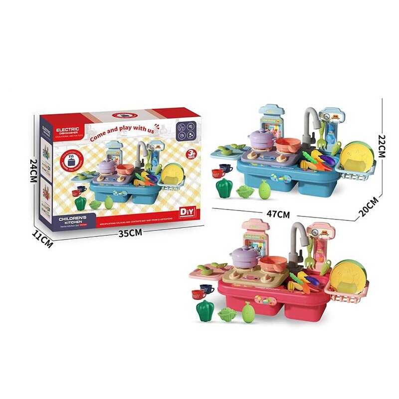 Набір посуду 33029 B (36/2) 2 кольори, кран на батарейках, плита, набір овочів та фруктів, посуд, коробці