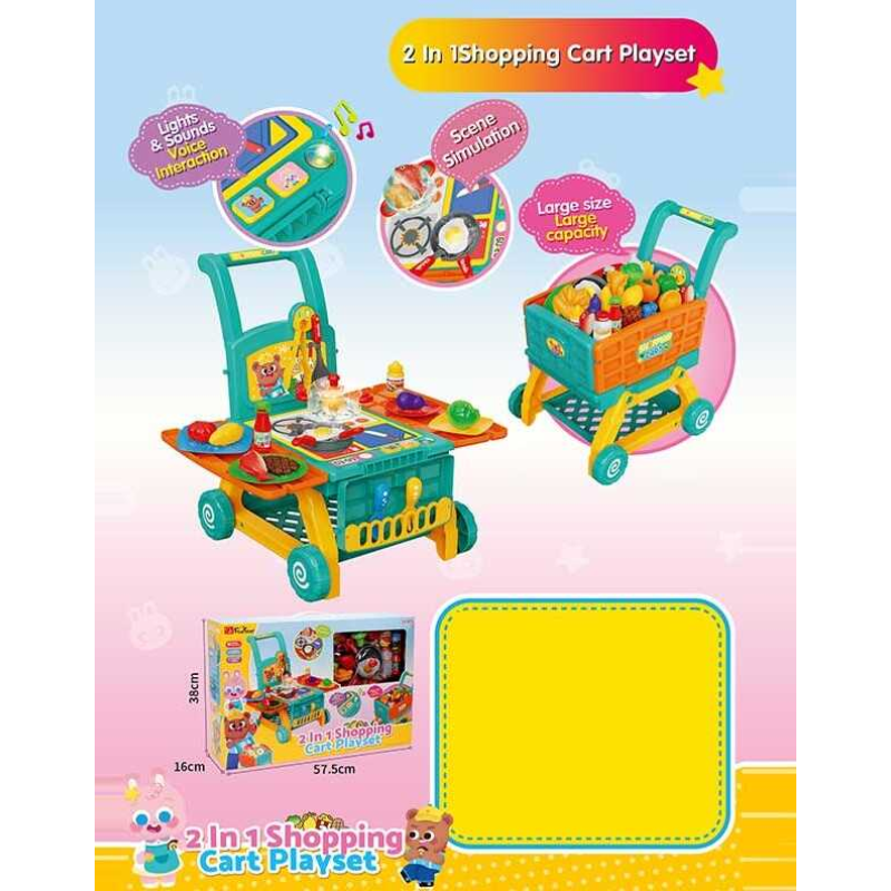 Набір посуду 35633 A (6/2) 39 деталей, 2 в 1: візок та портативна кухня, імітація плити, підсвічування різними кольорами, звукові ефекти, перемикач мелодій, фрази англ. мовою, посуд, столове приладдя, муляжі продуктів, купюр, кредитної картки, в коробці