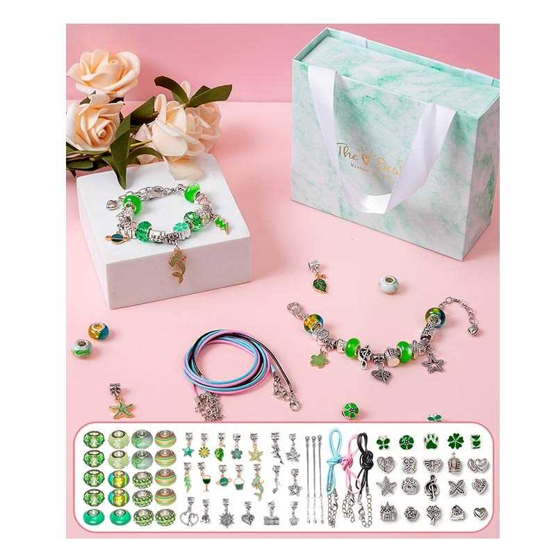 Набір прикрас DLS 1107 (100) “Зелений бокс“, основи для браслетів, намистини, підвіски, в коробці