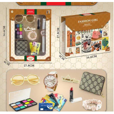 Набір прикрас K 4 (60) годинник, окуляри,  резинка та шпилька для волосся, помада, гаманець, тіні для повік та імітація банківських карток, в коробці