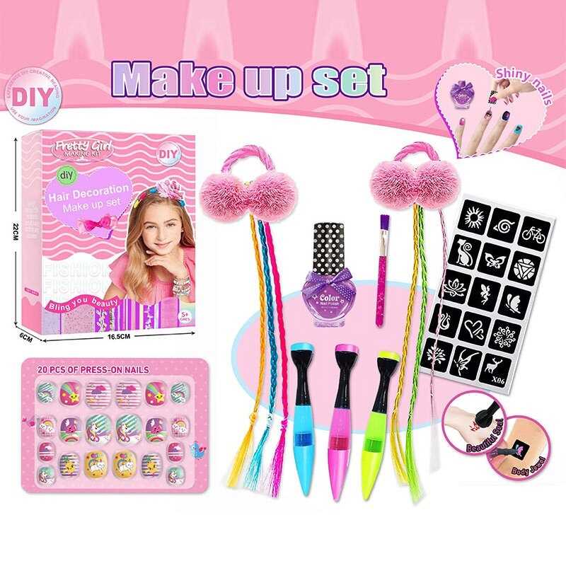 Набір прикрас L 5304 (120/2) 3 ручки з блискітками, прядки, резинки, лак для нігтів, наліпки, в коробці