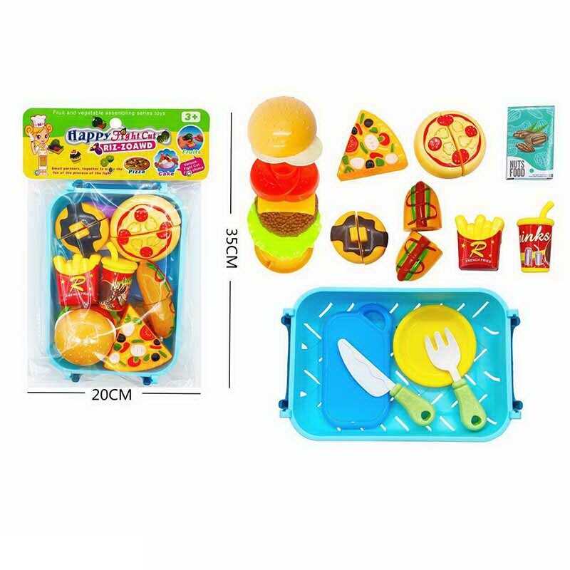 Набір продуктів 174 A6 (72/2) піца, хот-дог та пончик на липучках, картопля фрі,  гамбургер, кошик з ручками, виделка, ніж, тарілка і дошка, в пакеті