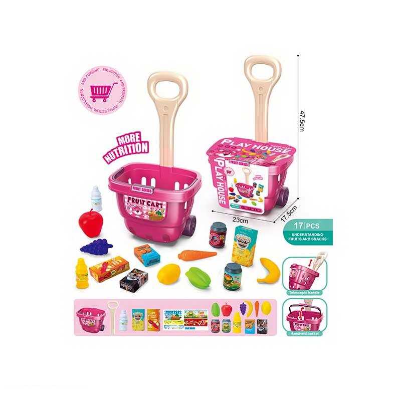 Набір продуктів 9239 (40/2) 17 елементів, 2в1: кошик/візочок, телескопічна ручка, висота 48см, фрукти, баночки з напоями, коробочки зі смаколиками   