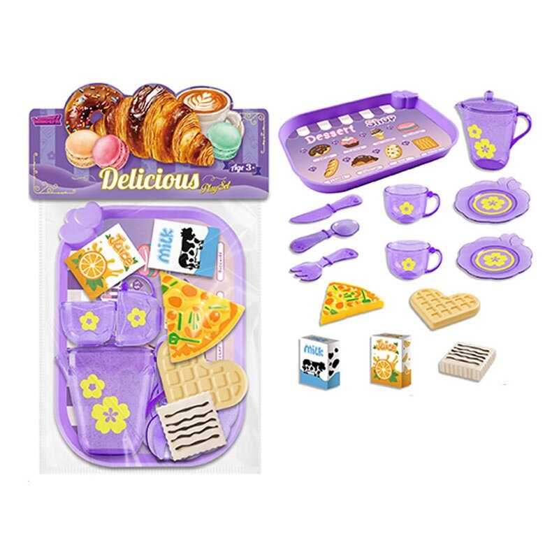 Набір продуктів 99002 (120/2) таця, 2 чашки, 2 блюдця, чайничок, ніж, ложка, вилка, шматок піци, вафля, коробочки з молоком і соком, в пакеті