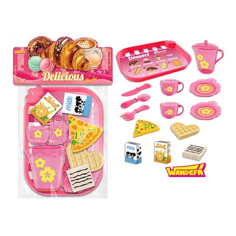 Набір продуктів 99008 (120/2) таця, 2 чашки, 2 блюдця, чайничок, ніж, ложка, вилка, шматок піци, вафля, коробочки з молоком і соком, в пакеті