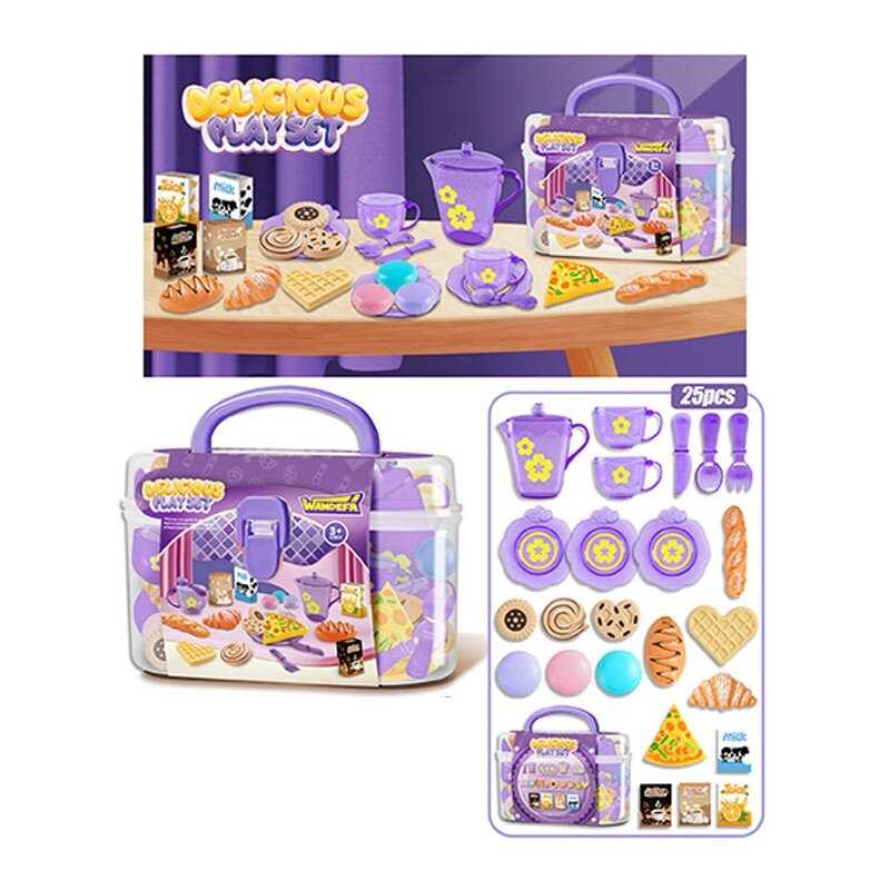 Набір продуктів 99019 (72/2) 25 елементів, 2 чашки, 3 блюдця, чайничок, ніж, ложка, вилка, смаколики, коробочки з напоями, в боксі