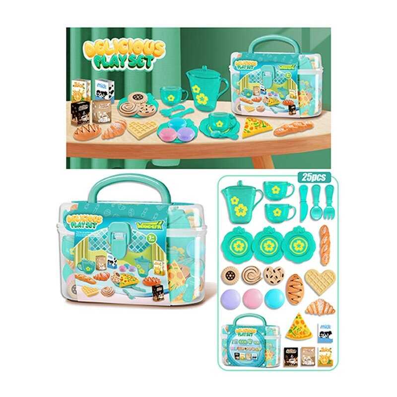 Набір продуктів 99025 (72/2) 25 елементів, 2 чашки, 3 блюдця, чайничок, ніж, ложка, вилка, смаколики, коробочки з напоями, в боксі
