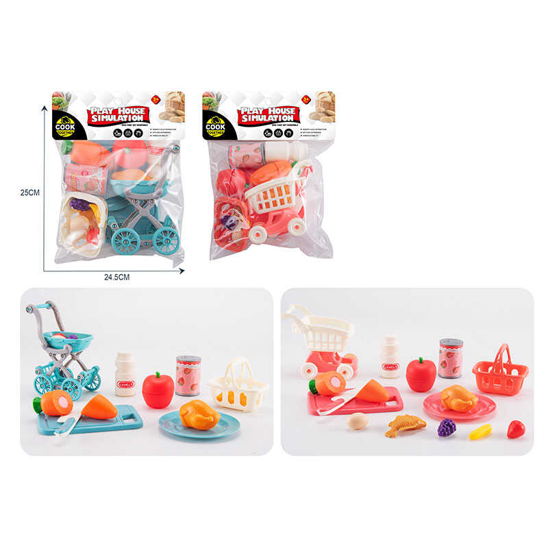 Набір продуктів XZ 1017 A/B (96/2) 2 види, візок для супермаркету, кошик, продукти, ніж, тарілка, обробна дошка, у пакеті