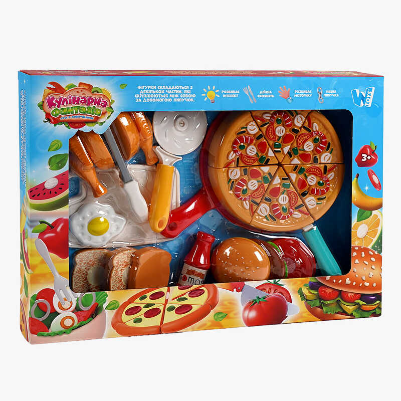 Набір продуктів “Кулінарна фантазія” 10455 (36/2) “WToys“, 24 елементи, продукти на липучках, дошка для нарізання, ніж, сендвіч, гамбургер, в коробці