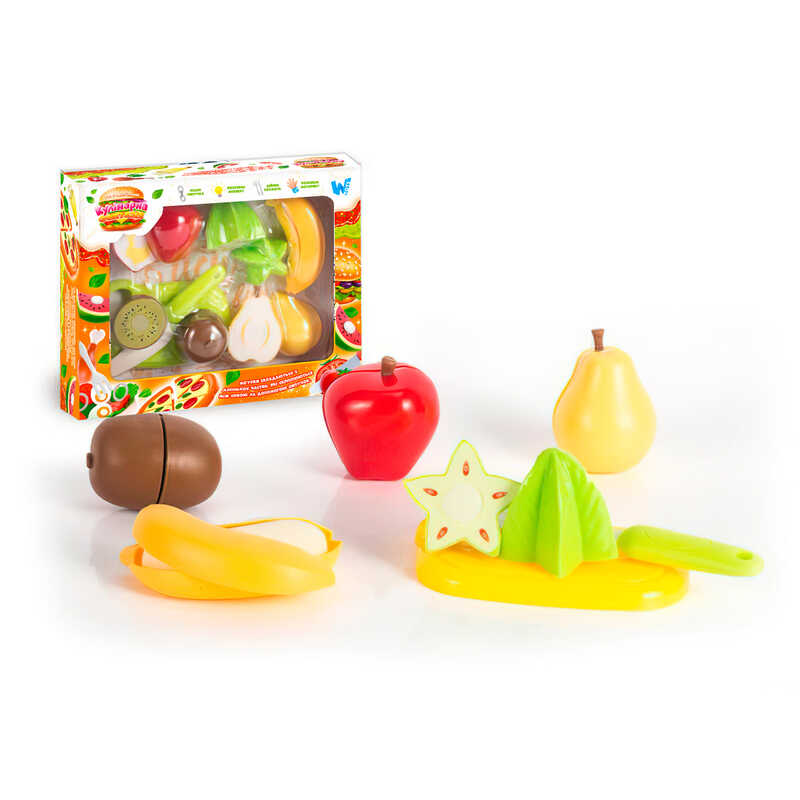 Набір продуктів “Кулінарна фантазія” 22140 (96/2) “WToys“, 12 елементів, фрукти на липучках, дошка для нарізання, ніж, в коробці