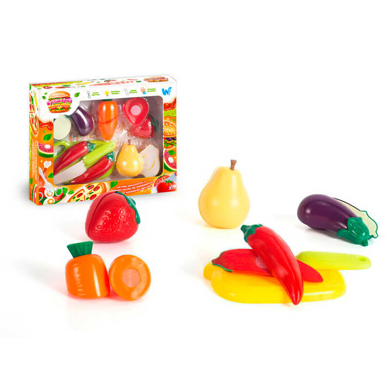 Набір продуктів “Кулінарна фантазія” 22260 (96/2) “WToys“, 12 елементів, овочі та фрукти на липучках, дошка для нарізання, ніж, в коробці