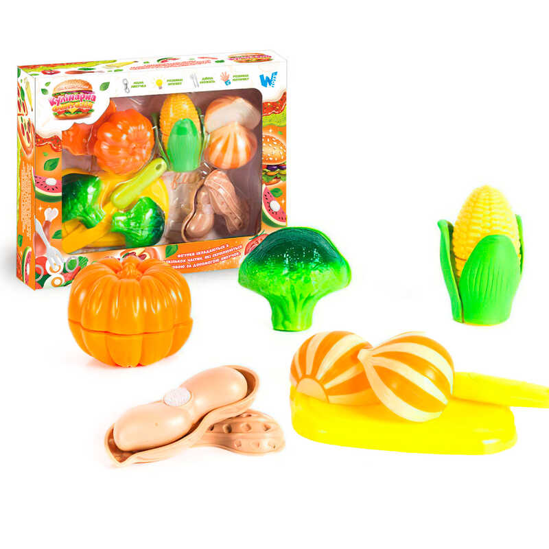 Набір продуктів “Кулінарна фантазія” 22370 (96/2) “WToys“, 12 елементів, овочі на липучках, дошка для нарізання, ніж, в коробці