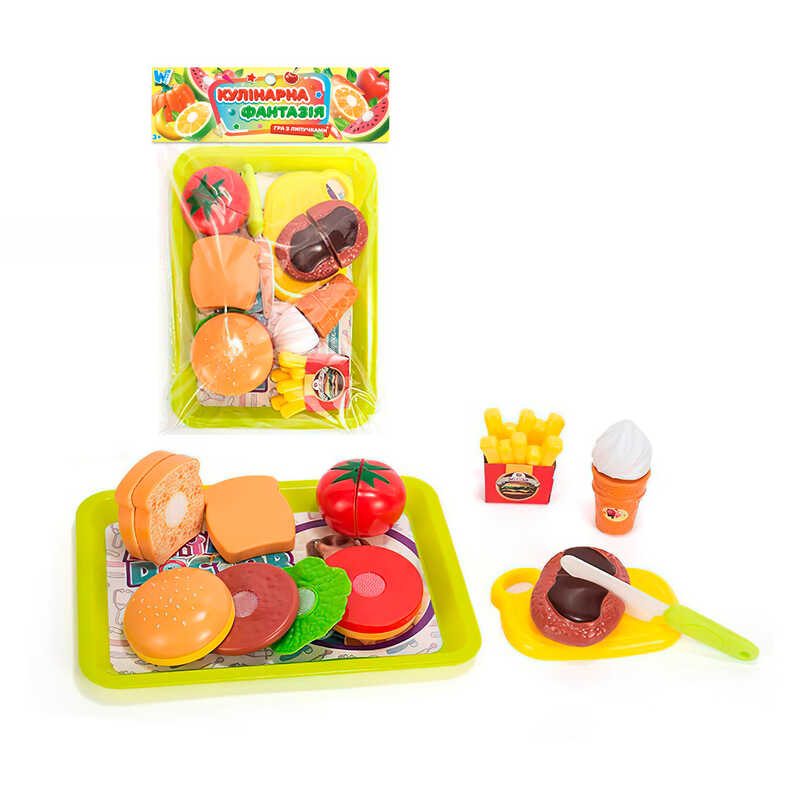 Набір продуктів “Кулінарна фантазія” 551188 (96/2) “WToys“, 18 елементів, на липучках, дошка для нарізання, ніж, таця, у пакеті