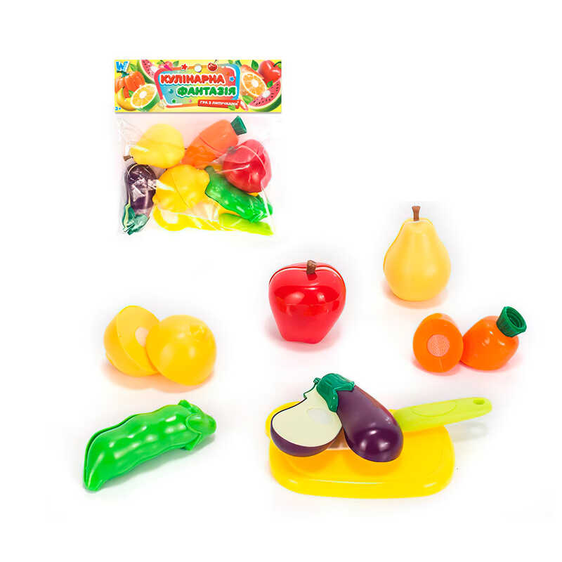 Набір продуктів “Кулінарна фантазія” 556622 (144/2) “WToys“, 14 елементів, овочі та фрукти на липучках, дошка для нарізання, ніж, у пакеті