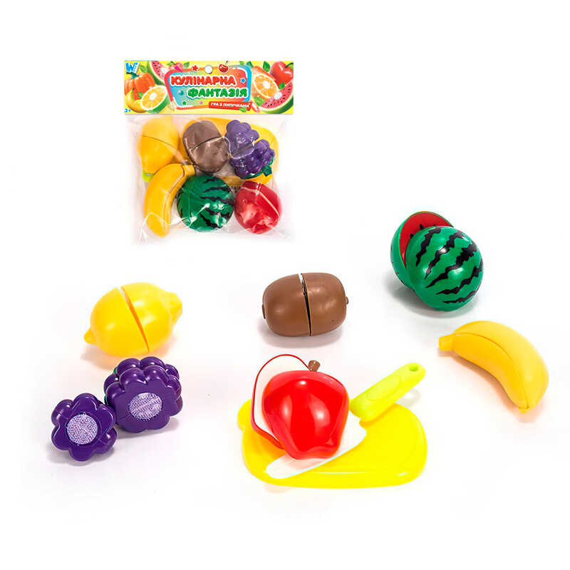 Набір продуктів “Кулінарна фантазія” 556644 (144/2) “WToys“, 14 елементів, фрукти на липучках, дошка для нарізання, ніж, у пакеті