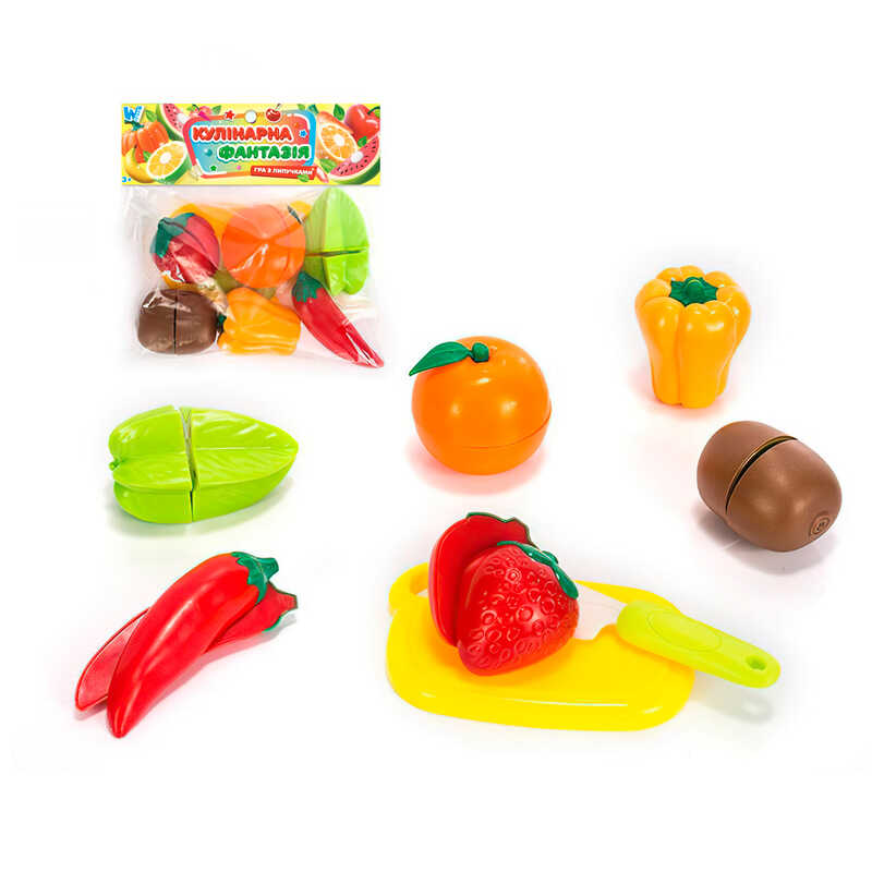 Набір продуктів “Кулінарна фантазія” 557788 (144/2) “WToys“, 14 елементів, овочі та фрукти на липучках, дошка для нарізання, ніж, у пакеті