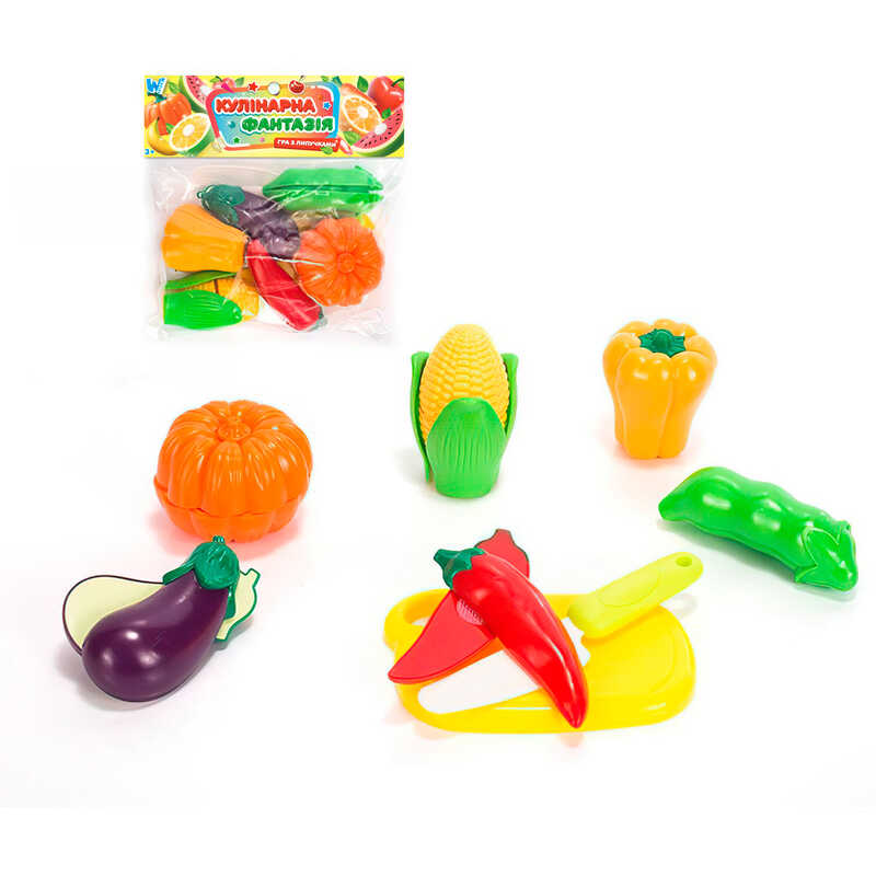 Набір продуктів “Кулінарна фантазія” 559933 (144/2) “WToys“, 14 елементів, овочі на липучках, дошка для нарізання, ніж, у пакеті