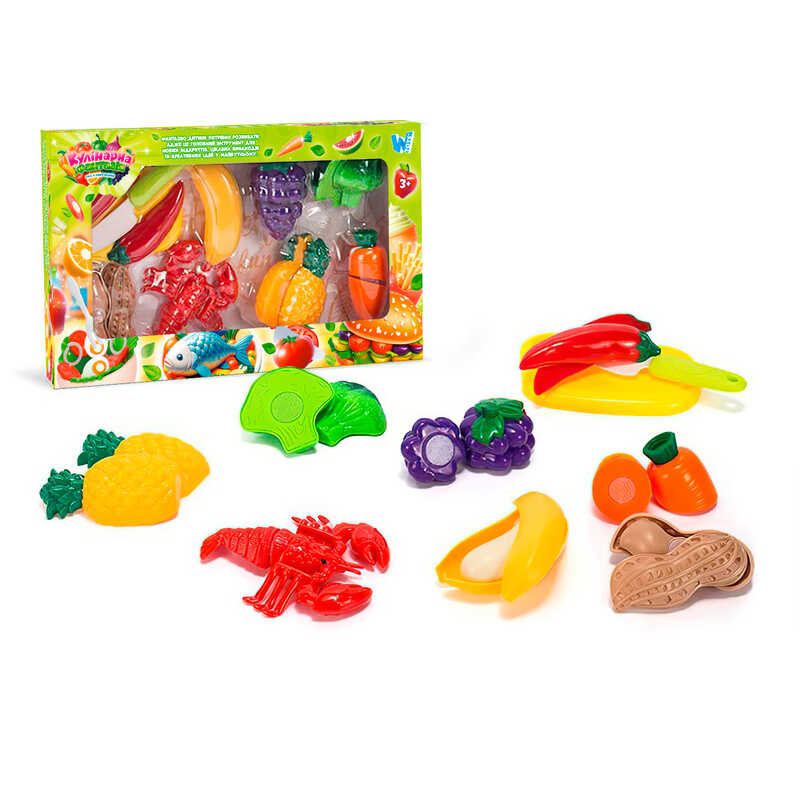 Набір продуктів “Кулінарна фантазія” 77360 (64/2) “WToys“, 18 елементів, на липучках, дошка для нарізання, ніж, в коробці