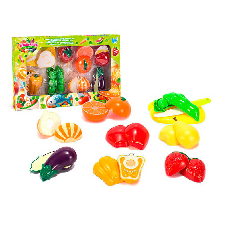 Набір продуктів “Кулінарна фантазія” 77450 (64/2) “WToys“, 18 елементів, овочі та фрукти на липучках, дошка для нарізання, ніж, в коробці Набір продуктів “Кулінарна фантазія” 77450 (64/2) “WToys“, 18 елементів, овочі та фрукти на липучках, дошка для нарізання, ніж, в коробці