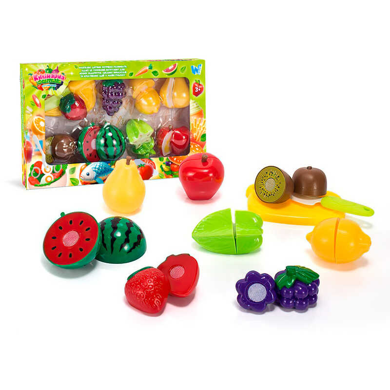 Набір продуктів “Кулінарна фантазія” 77650 (64/2) “WToys“, 18 елементів, фрукти на липучках, дошка для нарізання, ніж, в коробці