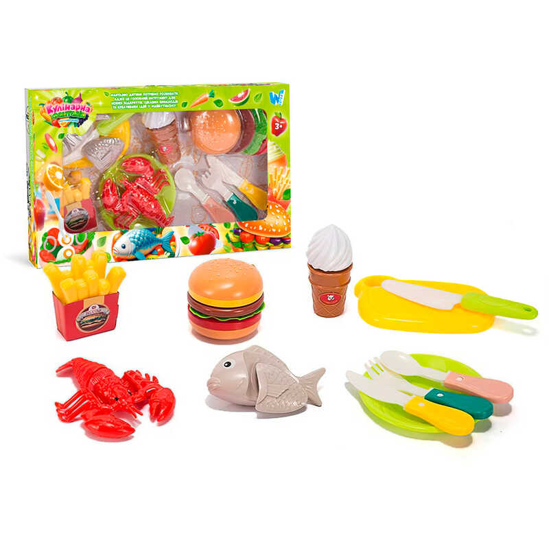 Набір продуктів “Кулінарна фантазія” 77930 (64/2) “WToys“, 18 елементів, на липучках, дошка для нарізання, ніж, посуд, в коробці