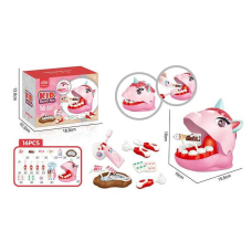 Набір стоматолога 623-921 (72/2) 16 елементів, голова єдинорога, отвори в зубах, інструменти, зубна паста, щітка, щипці, солодощі на паличках, в коробці