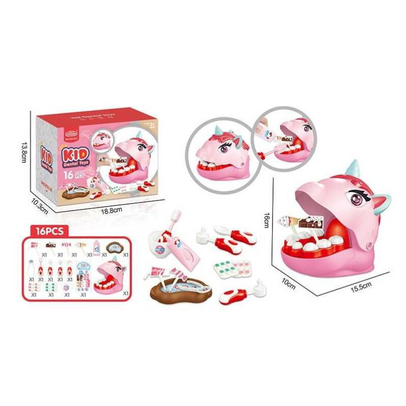 Набір стоматолога 623-921 (72/2) 16 елементів, голова єдинорога, отвори в зубах, інструменти, зубна паста, щітка, щипці, солодощі на паличках, в коробці